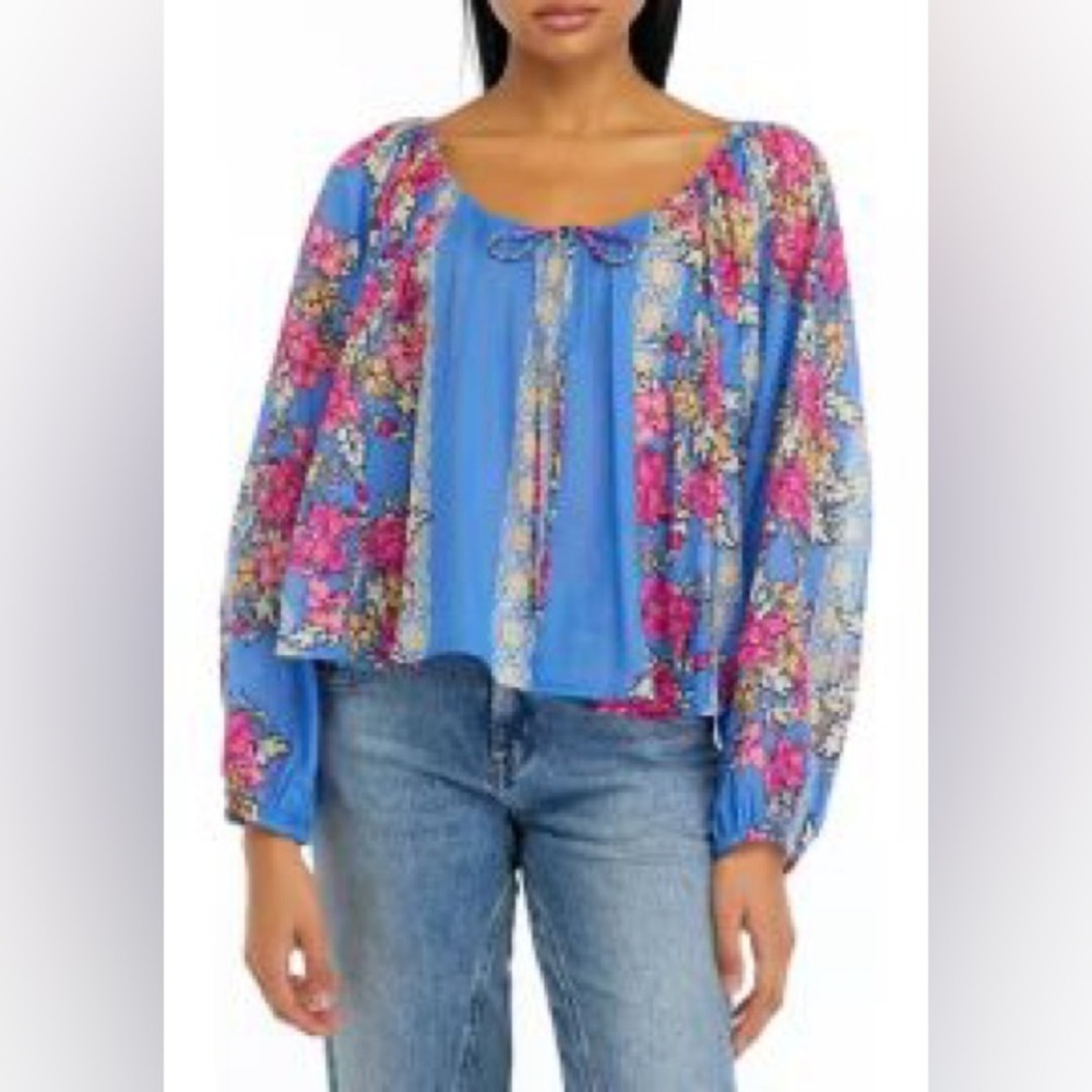 Free People - Elena Colorful Floral Lightweight Tie Neck Long Sleeve Blouse Sm